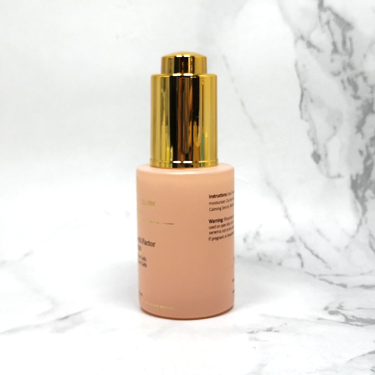 Cosmetic serum oil packaging 30ml pink orange blue flat glass dropper bottle with push pump