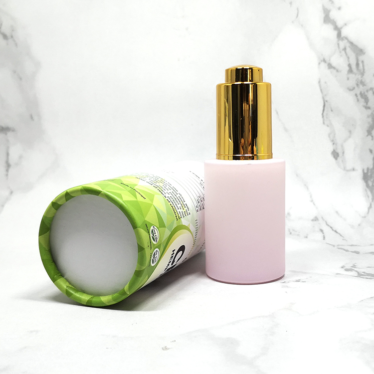 Cosmetic serum oil packaging 30ml pink orange blue flat glass dropper bottle with push pump