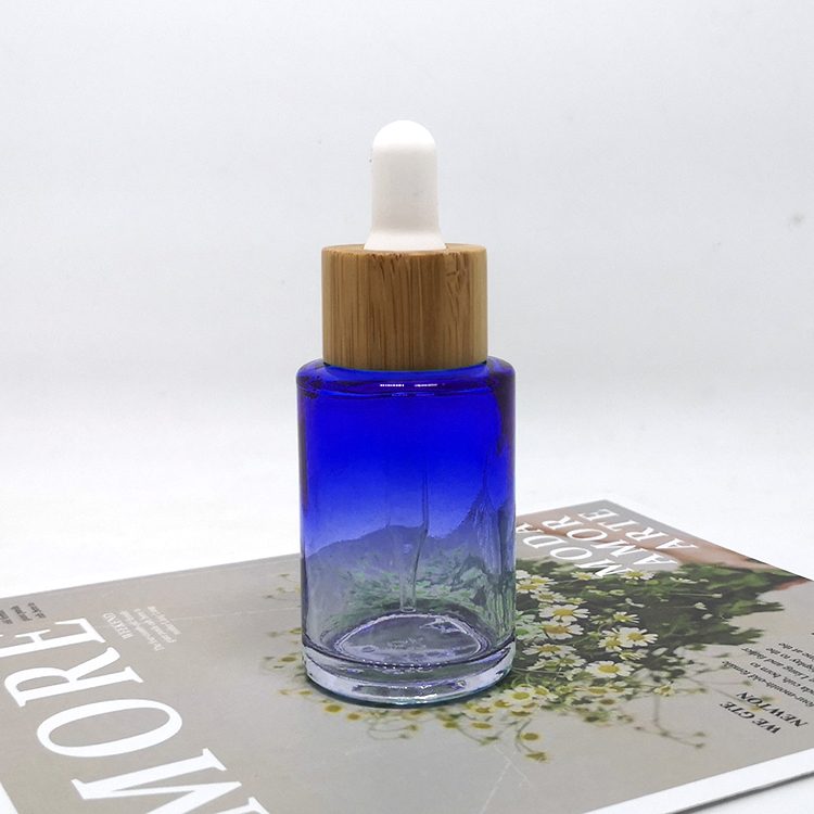 Cosmetic serum oil packaging 30ml pink orange blue flat glass dropper bottle with push pump