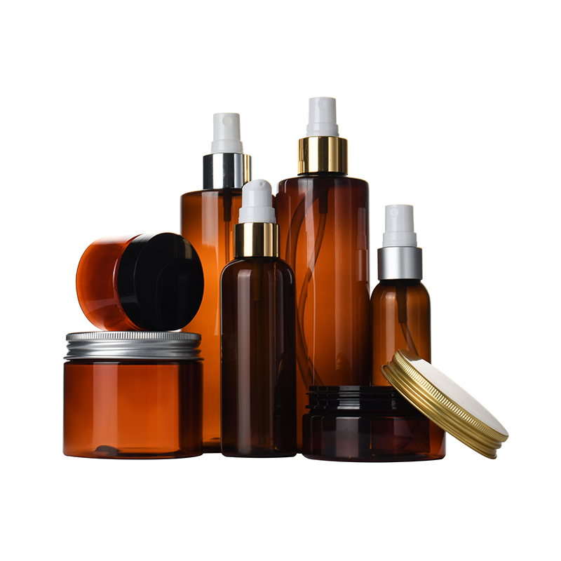 Cosmetic set container 100ml 150ml 250ml 300ml 500ml amber pet plastic cream jar and lotion pump spray bottle