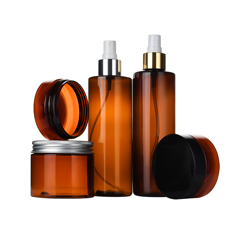 Cosmetic set container 100ml 150ml 250ml 300ml 500ml amber pet plastic cream jar and lotion pump spray bottle