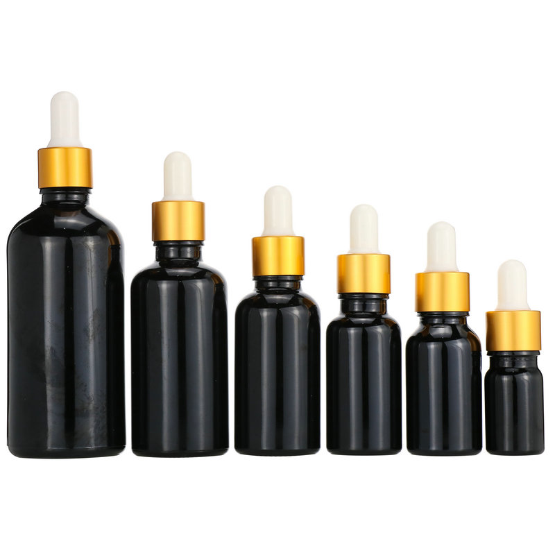 Cosmetic skincare bottle Round matte black violet 5ml 20ml 30ml 50ml 100ml serum glass bottle with gold aluminum caps