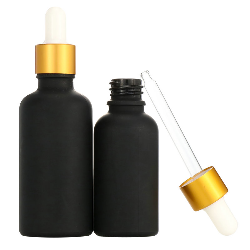 Cosmetic skincare bottle Round matte black violet 5ml 20ml 30ml 50ml 100ml serum glass bottle with gold aluminum caps