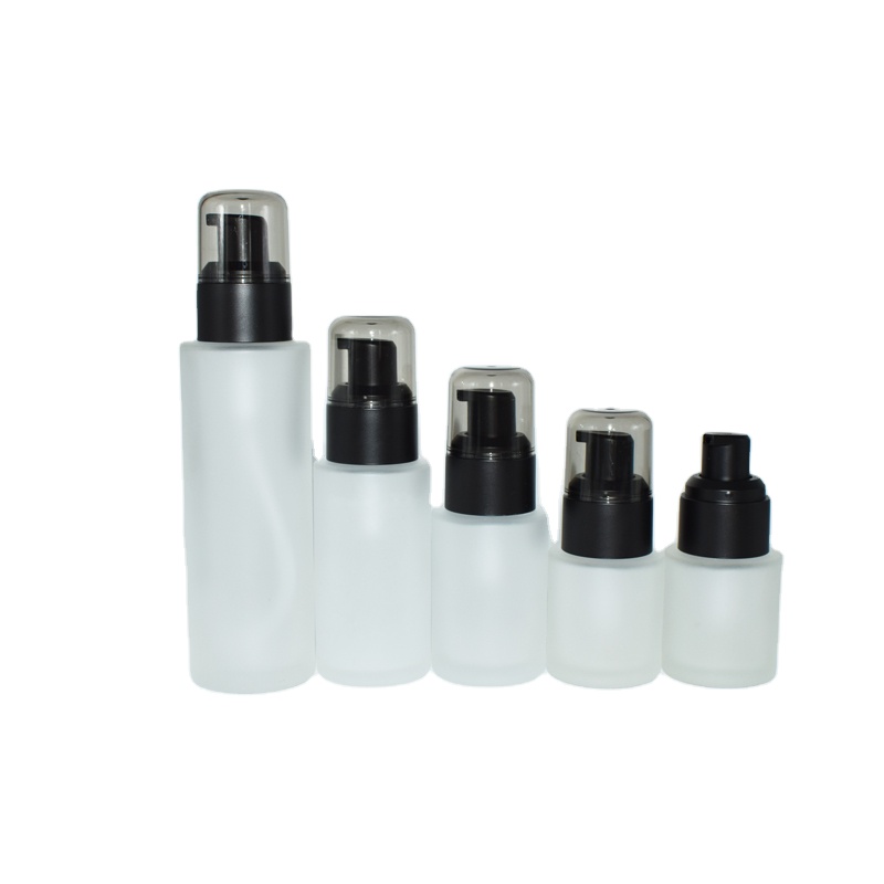 Cosmetic skincare packaging flat shoulder glass bottle 100 ml black pump body lotion bottle