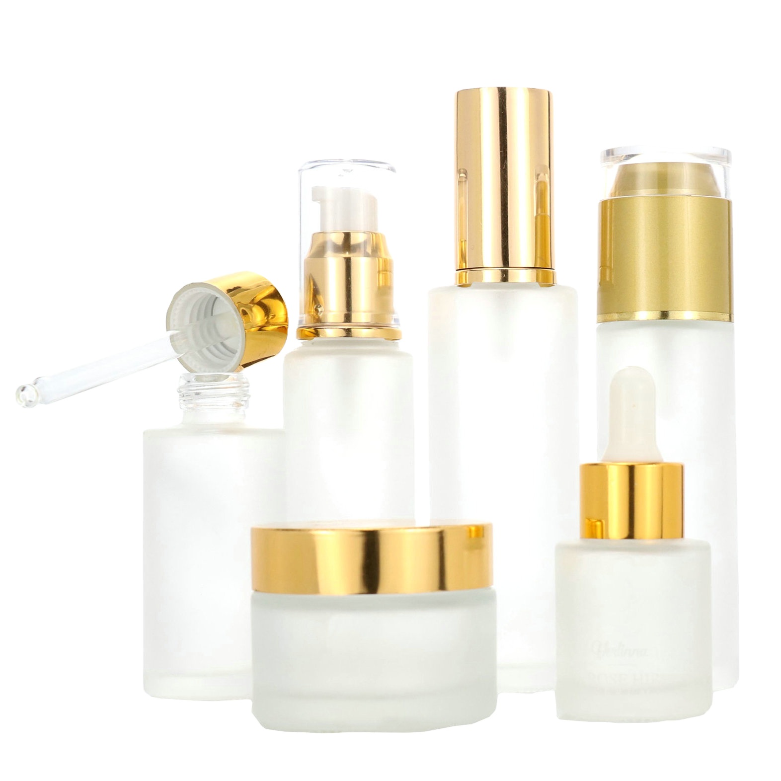 Cosmetic skincare packaging frosted glass bottle 30ml 40ml 50ml 100ml 120ml body lotion bottle empty gold silver pump bottle