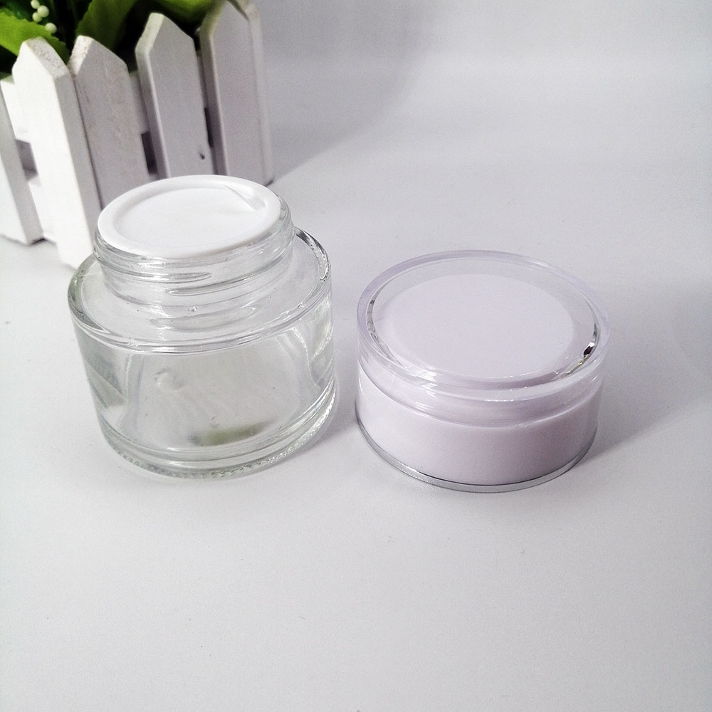 Cosmetic transparent glass jar 50g with white acrylic plastic lid Cosmetic mask empty bottle jars