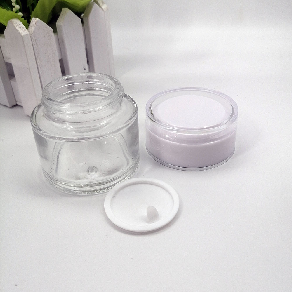 Cosmetic transparent glass jar 50g with white acrylic plastic lid Cosmetic mask empty bottle jars