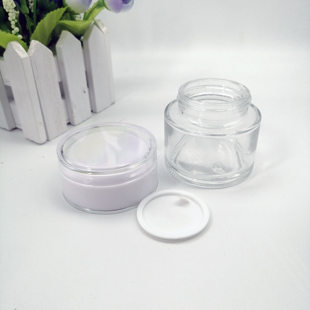 Cosmetic transparent glass jar 50g with white acrylic plastic lid Cosmetic mask empty bottle jars