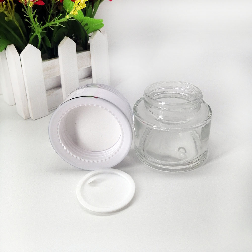 Cosmetic transparent glass jar 50g with white acrylic plastic lid Cosmetic mask empty bottle jars