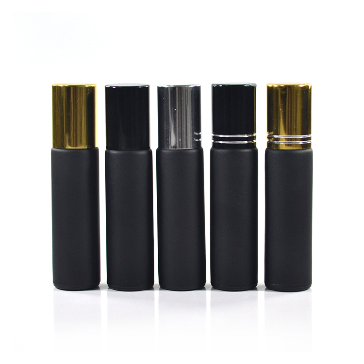 CosmeticFrosted clear black 10ml glass essential oil roller bottle with gold silver black bamboo lid stainless steel roller ball