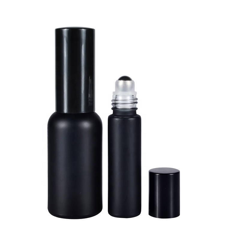 Cosmetics 30ml 1oz matt frosted black glass sprayer pump bottle and 10ml frosted black glass roller bottle with metal ball