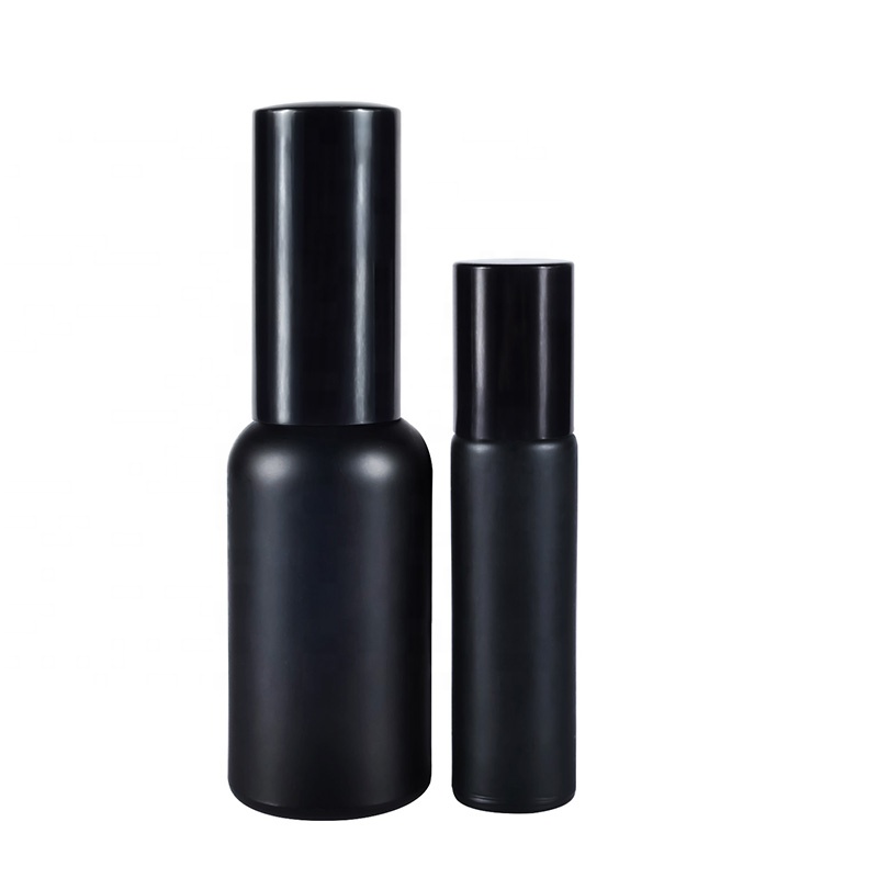 Cosmetics 30ml 1oz matt frosted black glass sprayer pump bottle and 10ml frosted black glass roller bottle with metal ball