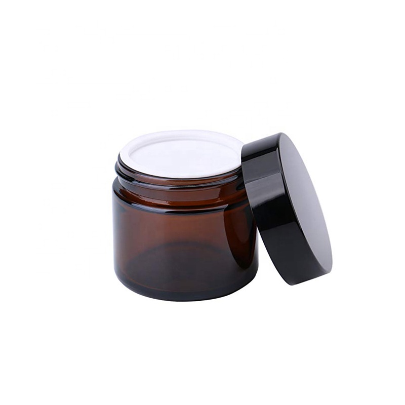 Cosmetics  Ccream Contaions Amber 2 oz Round Glass Jars with Inner Liners and black Lids