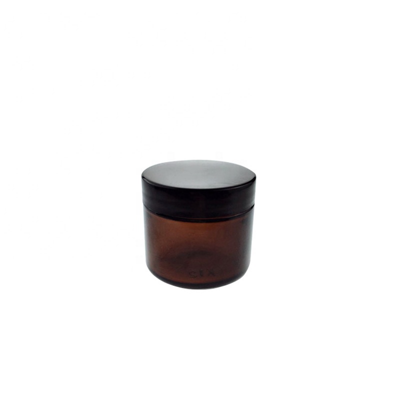 Cosmetics Ccream Contaions Amber 2 oz Round Glass Jars with Inner Liners and black Lids