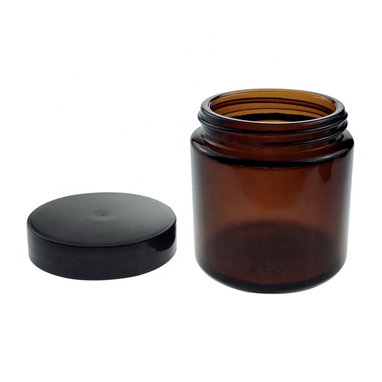 Cosmetics Ccream Contaions Amber 2 oz Round Glass Jars with Inner Liners and black Lids