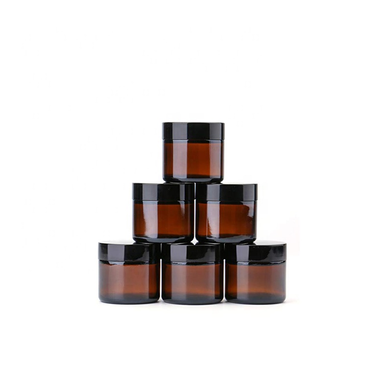 Cosmetics Ccream Contaions Amber 2 oz Round Glass Jars with Inner Liners and black Lids