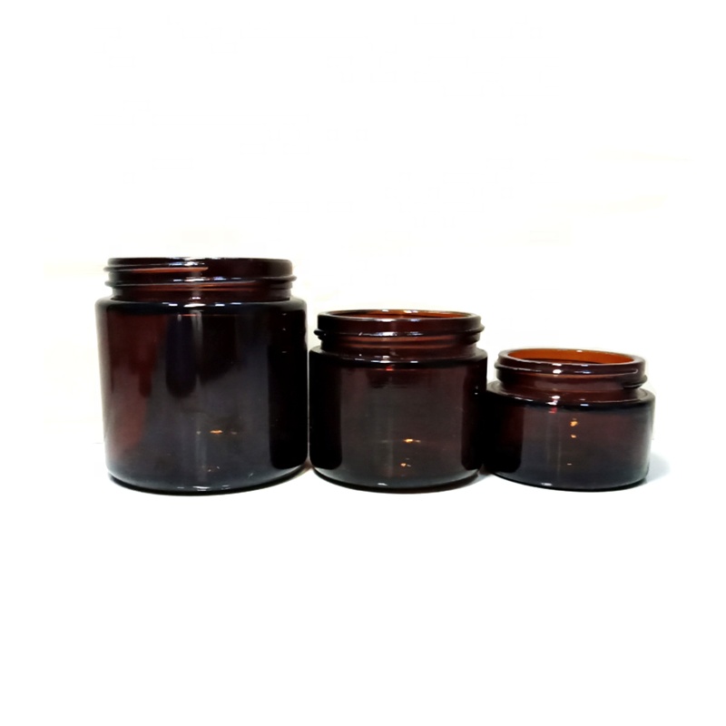 Cosmetics Ccream Contaions Amber 2 oz Round Glass Jars with Inner Liners and black Lids