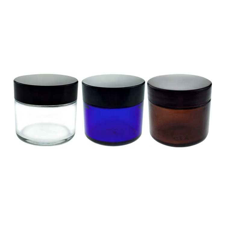 Cosmetics Ccream Contaions Amber 2 oz Round Glass Jars with Inner Liners and black Lids