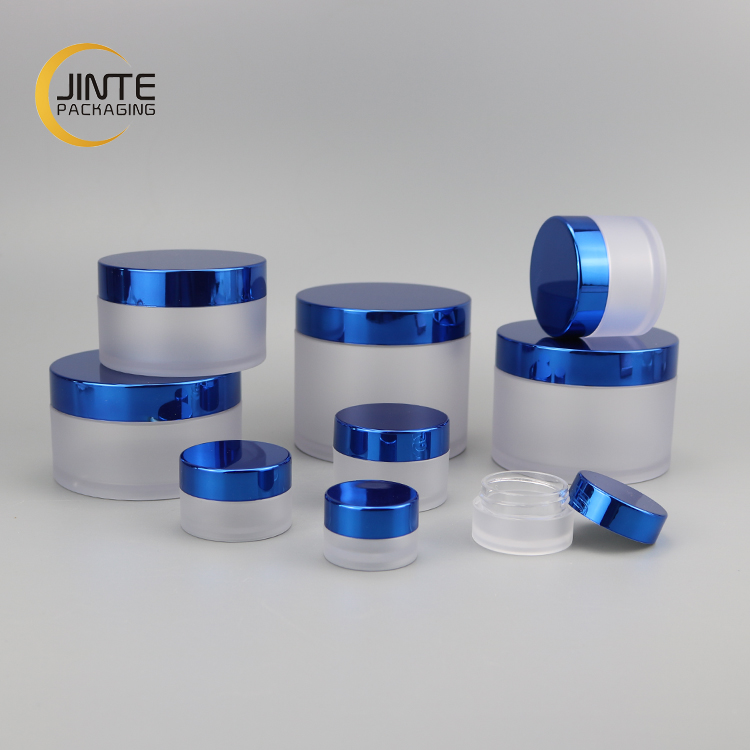 Cosmetics Cream Packaging Luxury Honey 5ml -250ml PETG Frosted jar with shiny blue lids for body cream container