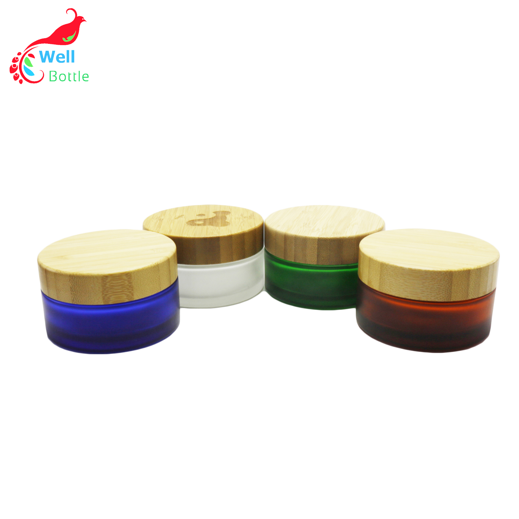 Cosmetics Packaging Bamboo Lid Face Cream clear frosted green amber black 100ml Glass Jar  J056E