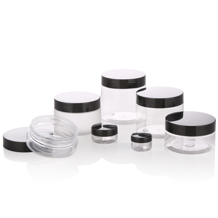 Cosmetics Storage Container 250g 300g 250ml 300ml 500ml stock round clear empty plastic jar with black lid