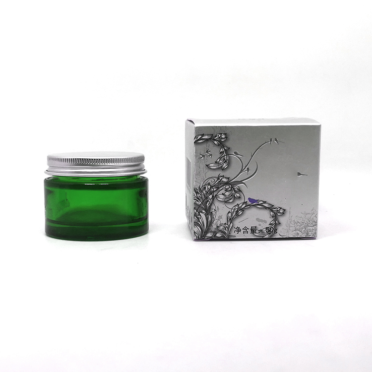 Cosmetics cream container pot 30g 50g green glass jar with black plastic lid