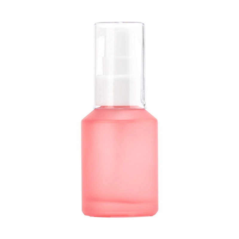 Cosmetics pink frosted glass bottle traveling empty bottle 15ml-100ml spray/pump/screw cap bottle set