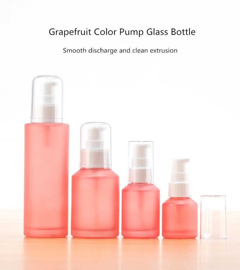 Cosmetics pink frosted glass bottle traveling empty bottle 15ml-100ml spray/pump/screw cap bottle set