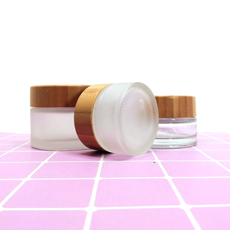 Cosmetics skincare cream packaging 50g frosted empty round glass jar with bamboo lids
