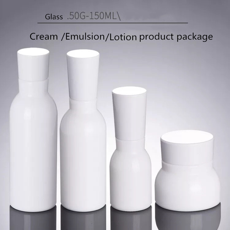 Cosmetics white porcelain packaging 50g 40ml 120ml 150ml jar and pump glass bottle set