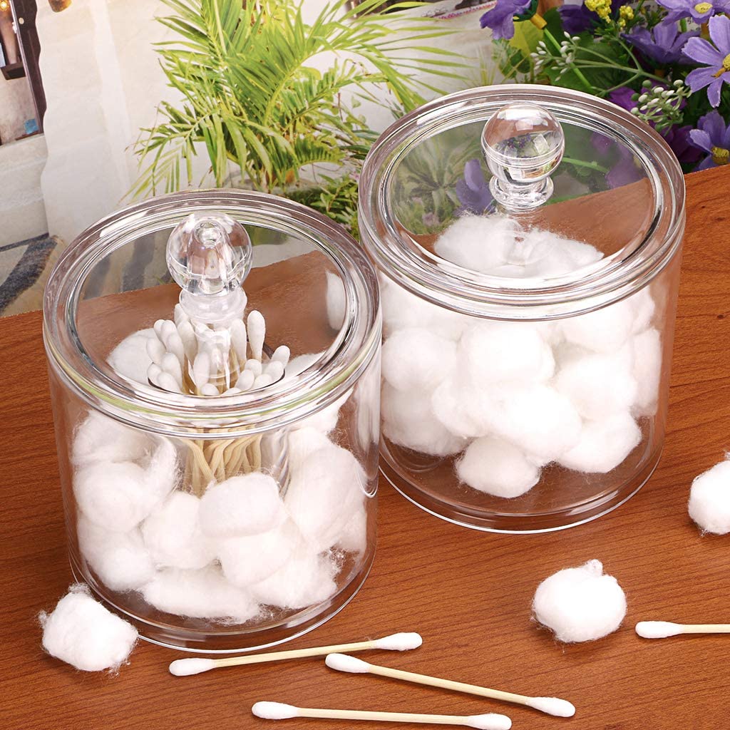Cotton Ball and Swab Organizer with Lid Apothecary Acrylic Jar Makeup Cotton Organizer Bathroom Storage Canister Jar for Cotton