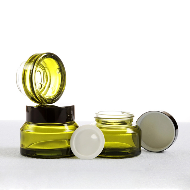 Cream Jars Sloping Shoulder Glass Plastic Cap Low MOQ Wholesale Stock High Quality 15g 30g 50g Empty Olive Green with Black