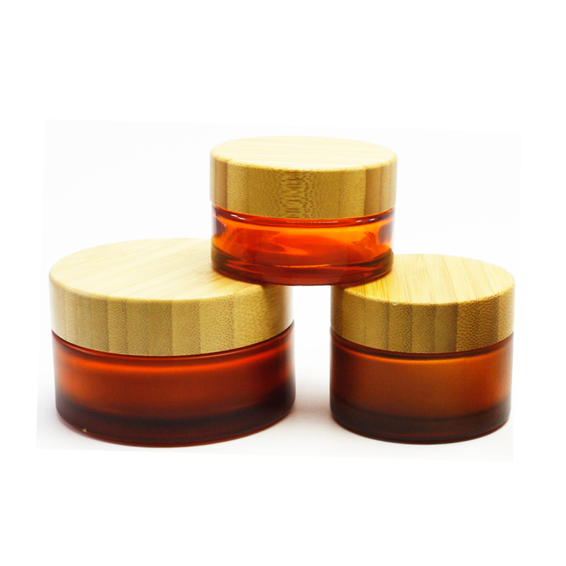 Cream wooden cosmetic jar and bottle glass with bamboo pump and cap 30g 50g 100g frosted glass bottle and jar set with bamboo