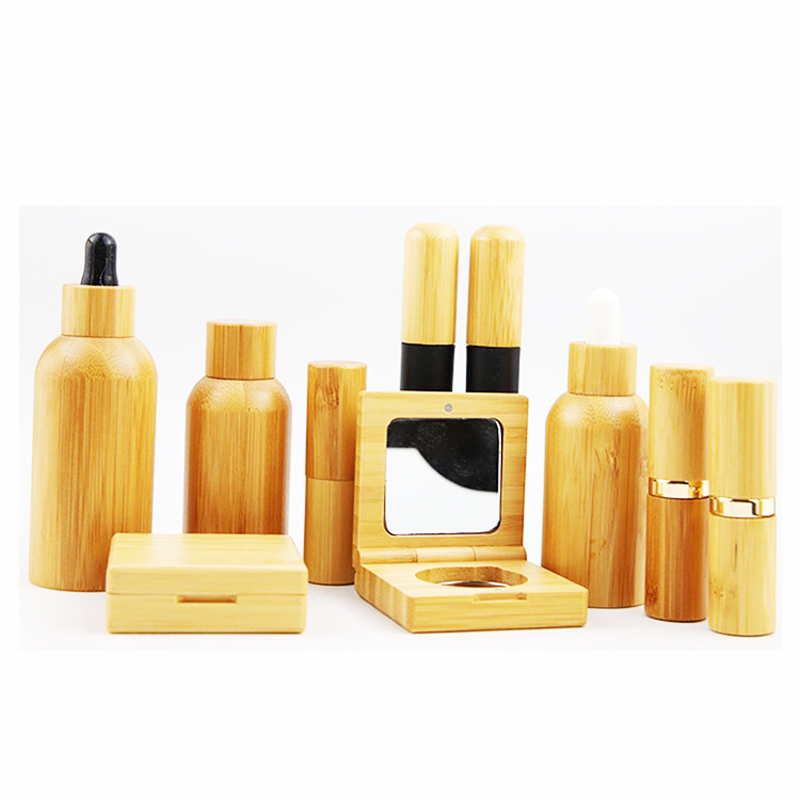 Cream wooden cosmetic jar and bottle glass with bamboo pump and cap 30g 50g 100g frosted glass bottle and jar set with bamboo