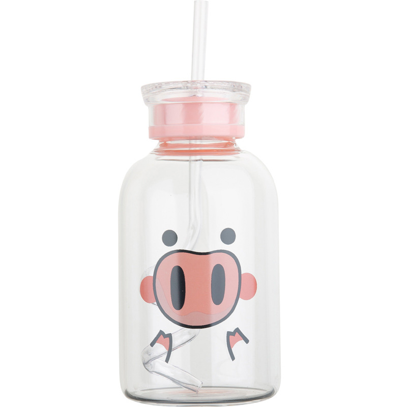 Creative Customized Logo 500ml round glass Drink Cup with straw glass water bottle for juice milk
