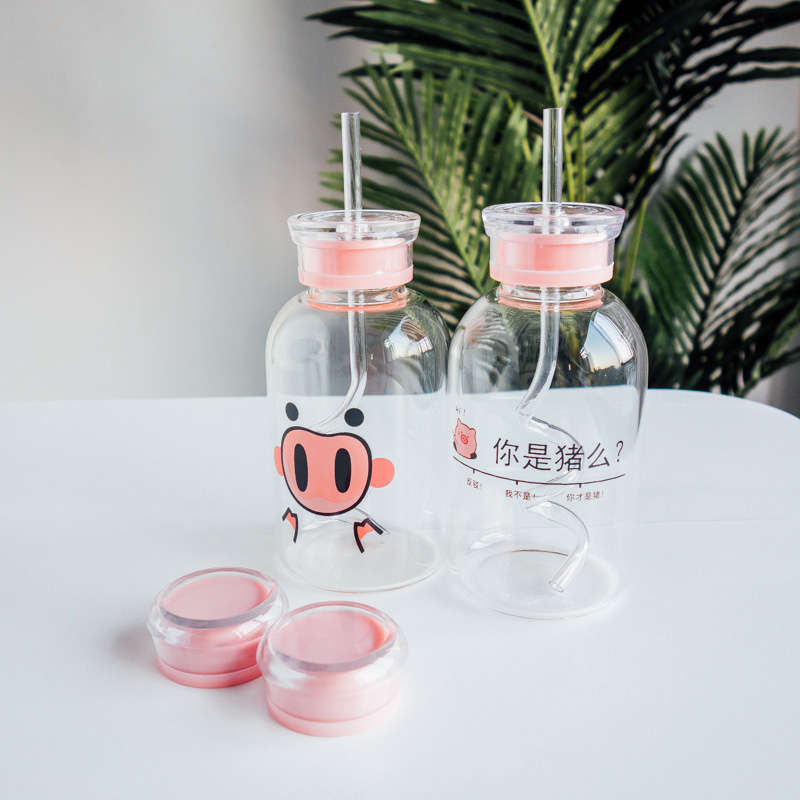 Creative Customized Logo 500ml round glass Drink Cup with straw glass water bottle for juice milk