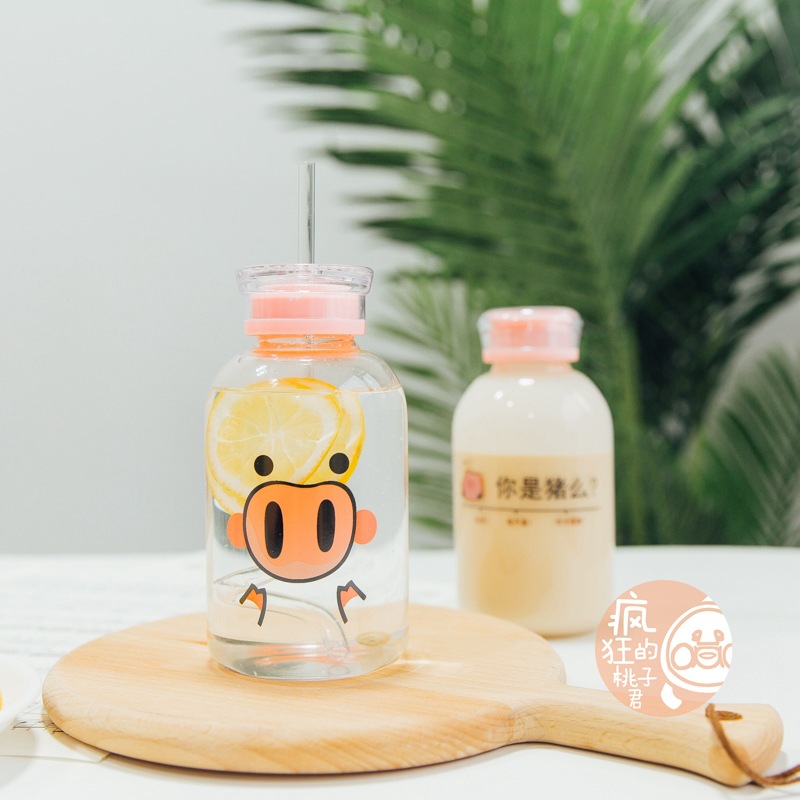 Creative Customized Logo 500ml round glass Drink Cup with straw glass water bottle for juice milk
