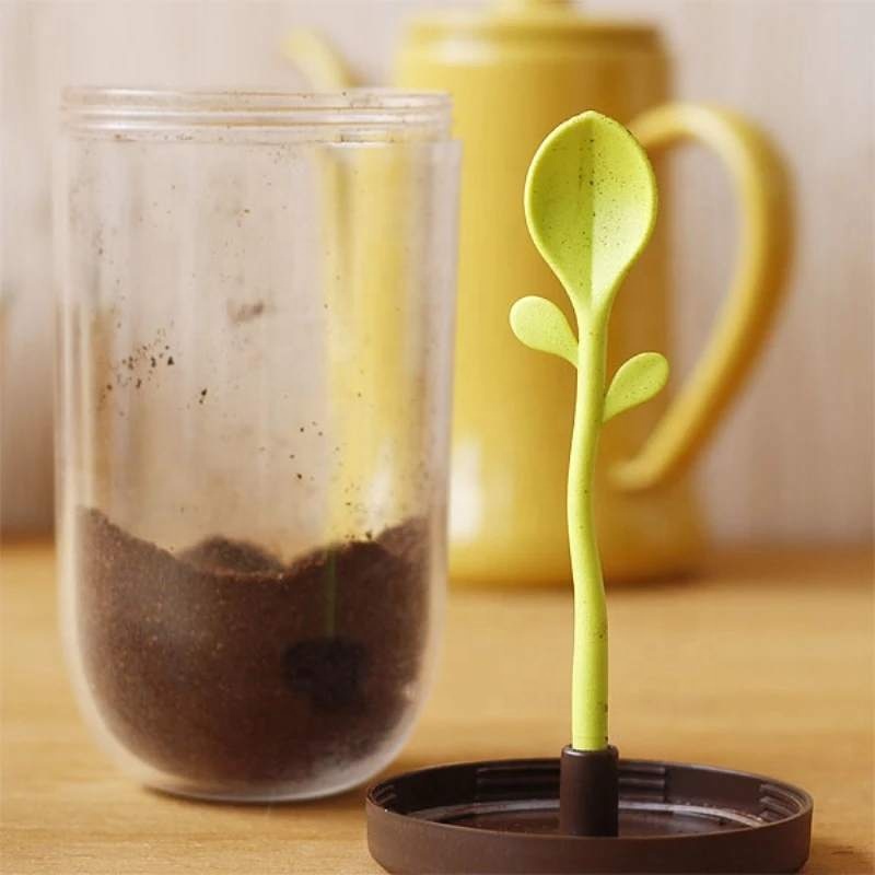 Creative Cute Tea Caddy Green Shoots Coffee Bean Sugar Food Storage Tanks Seal Pot Sealed Tank Small Storage with Spoon for Gift