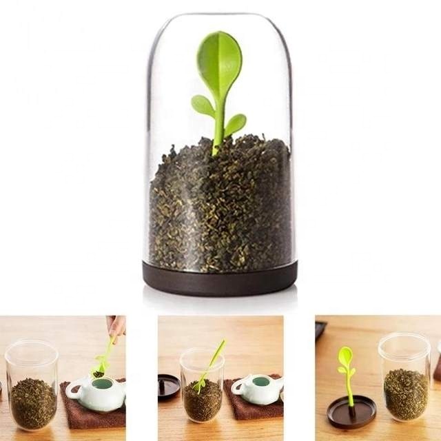 Creative Cute Tea Caddy Green Shoots Coffee Bean Sugar Food Storage Tanks Seal Pot Sealed Tank Small Storage with Spoon for Gift