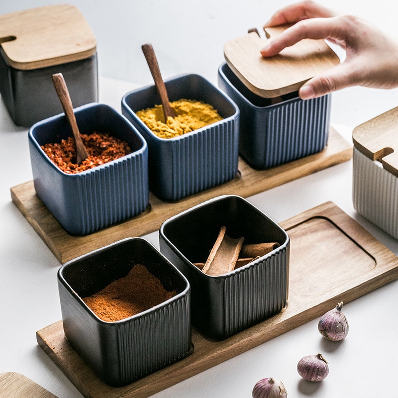 Creative Square Straight Pattern Seasoning Jar Household Combination Storage Box Ceramic Bottle Set