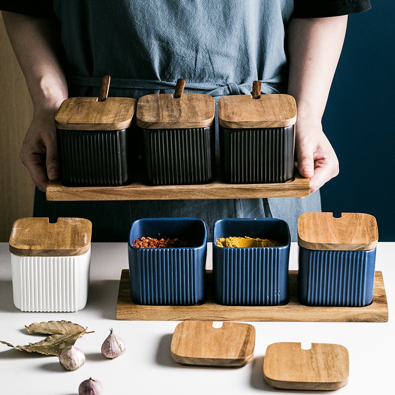 Creative Square Straight Pattern Seasoning Jar Household Combination Storage Box Ceramic Bottle Set