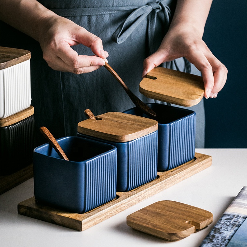 Creative Square Straight Pattern Seasoning Jar Household Combination Storage Box Ceramic Bottle Set