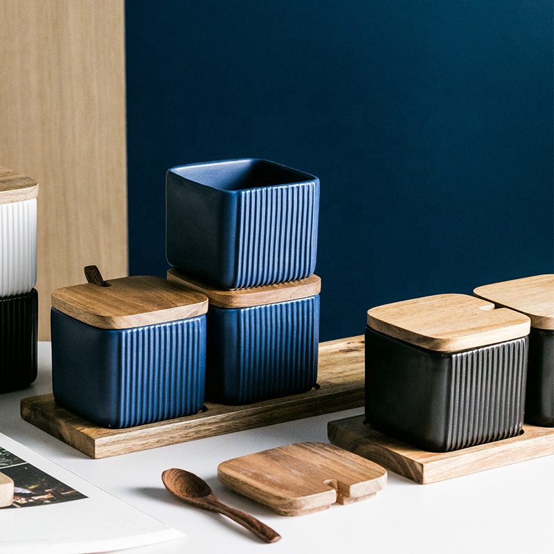 Creative Square Straight Pattern Seasoning Jar Household Combination Storage Box Ceramic Bottle Set