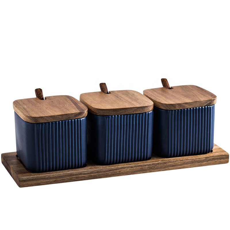 Creative Square Straight Pattern Seasoning Jar Household Combination Storage Box Ceramic Bottle Set