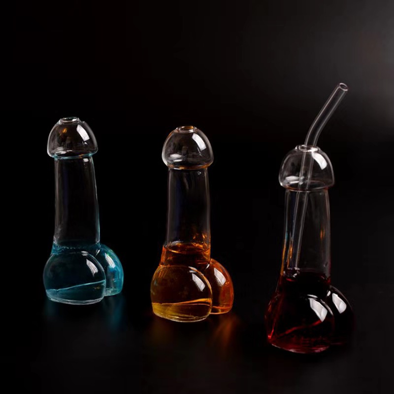 Creative design sexy penis shape glass bottle cocktail shot glass liquor bottles with straw