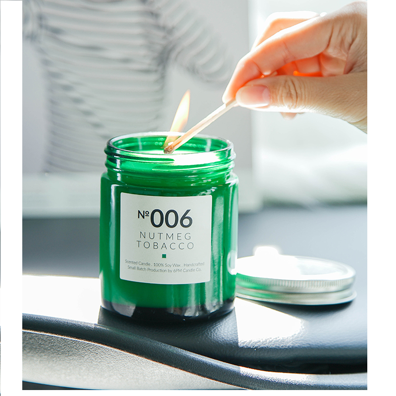 Creative green color empty recycled custom glass candle jar in bulk with lid for candle making