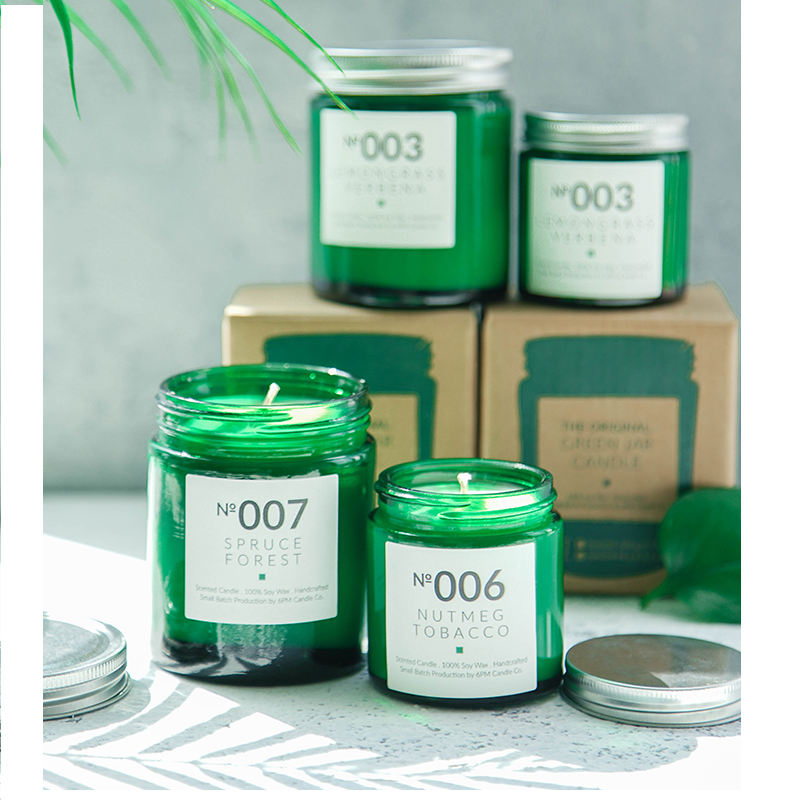 Creative green color empty recycled custom glass candle jar in bulk with lid for candle making