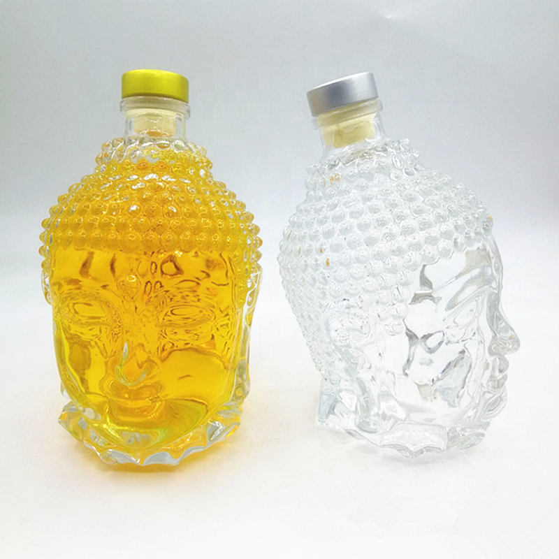 Creative unique luxury 750ml glass buddha head bottle glass decanter for vodka whisky fruit wine