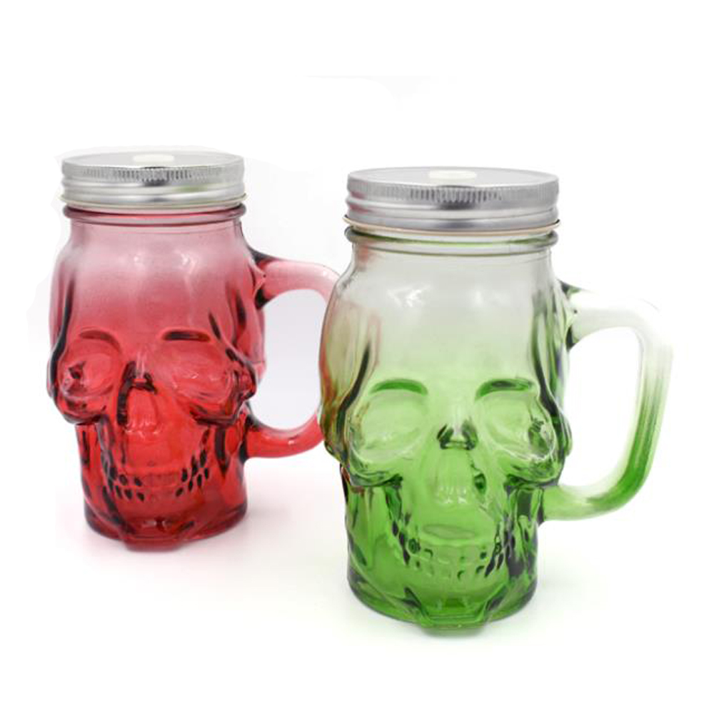 Creative xuzhou wholesale 350ml 450ml 500ml Skull Mason Jar With Handle and metal lid