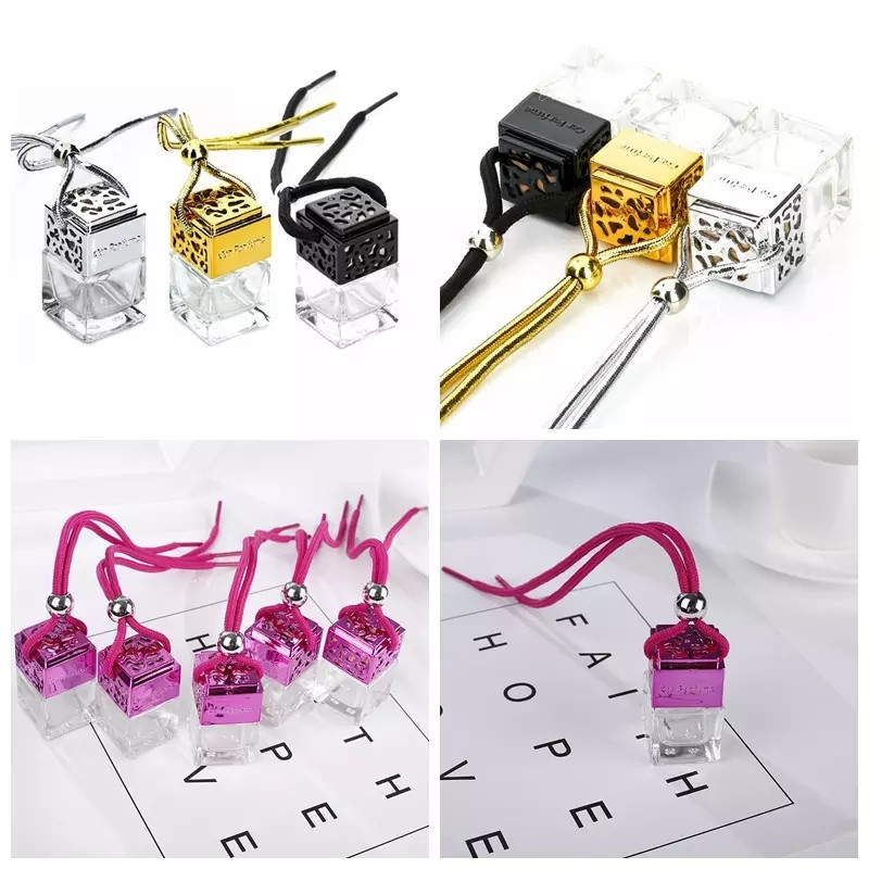 Cube perfume bottle Car Hanging Perfume Rearview Ornament Air Freshener For Essential Oils Diffuser Fragrance Empty Glass Bottle
